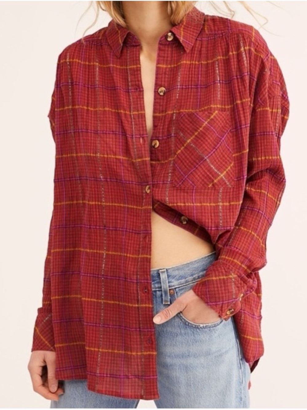 Free People Break My Stride Button up oversized plaid long sleeve shirt medium